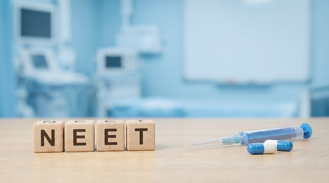 Wooden block spell neet neatly beside syringe and pill on hospital room table surface scene view