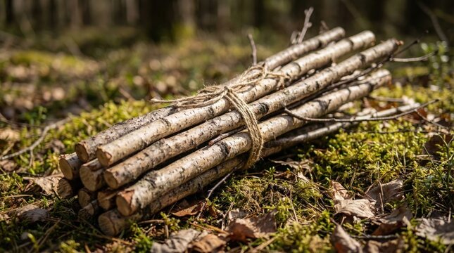 A neatly tied bundle of natural wood sticks rests on a vibrant, mossy forest floor. Perfect for themes of sustainability, rustic decor, or renewable energy.