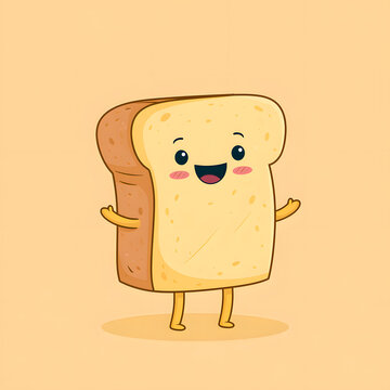 A cartoon bread slice with a cheerful expression, big eyes, and rosy cheeks. A cute and joyful illustration that fits well for kids animations and fun breakfast recipes.