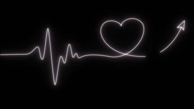 Neon heartbeat ekg line animation with rising arrow growth concept on black background, pulse heart rate