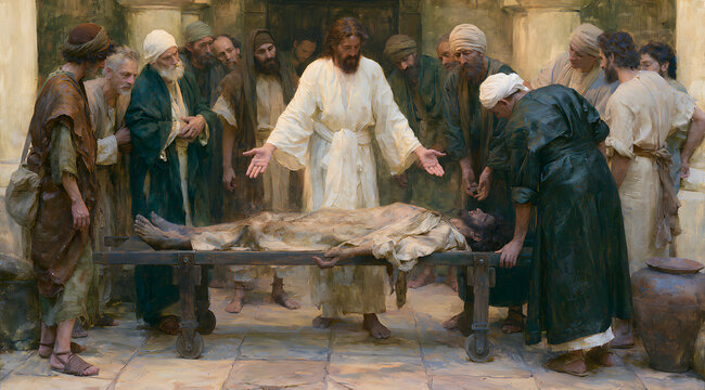 Christ Jesus is depicted healing a man lying on a stretcher, a scene from the Gospel of Matthew, illustrating a sick individual meeting a savior. It embodies the concepts of spiritual belief, a miracu