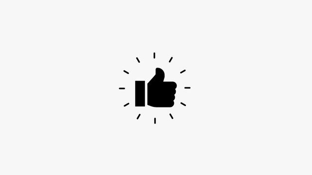 Black thumbs up with radiating lines on a solid white background for social media engagement and digital feedback user interface