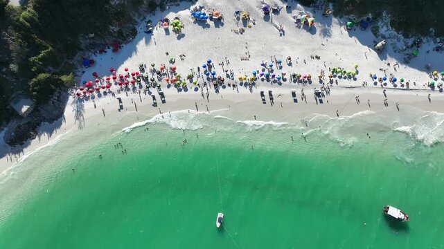 Arraial do Cabo in Rio de Janeiro. Pontal do Atalaia. Beaches of Pontal do Atalaia. Aerial view, establishing shot.