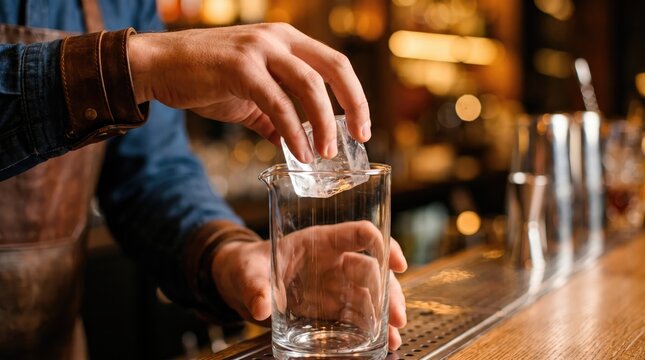 Close-up bartender adding ice to drink glass