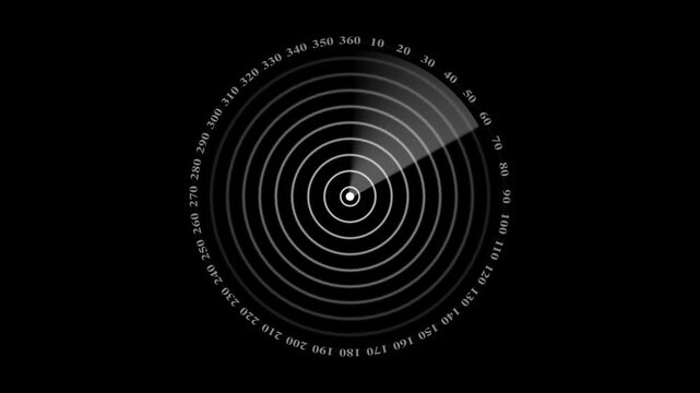 Digital radar screen animation with rotating scanning beam and circular grid overlay sonar scanner detection