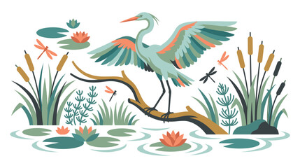 Fototapeta premium Great blue heron standing in swamp with lily pads art.