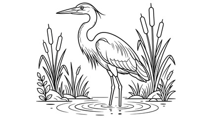Obraz premium Heron wading in water among reeds coloring page design.
