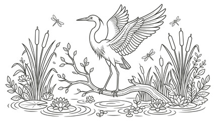 Obraz premium Heron on tree branch in marsh nature coloring page art.