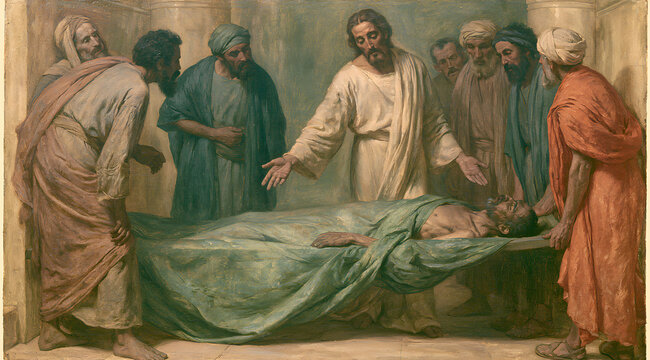Jesus Christ healed a paralyzed man lying on a stretcher. This is a biblical scene from the Gospel of Matthew, where a sick person met the Savior. It represents spiritual faith, a miracle, and compass