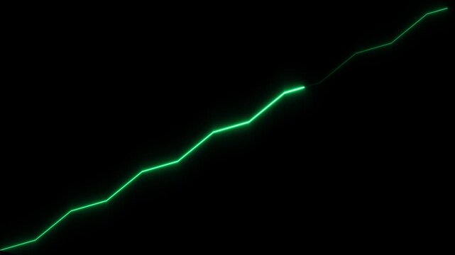 Green neon line graph rising on black background, financial growth concept chart