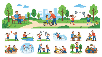 Fototapeta premium Diverse family leisure activities and park scenes set.