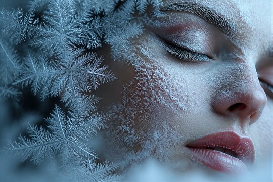 Female face covered in frost and snowflakes in closeup