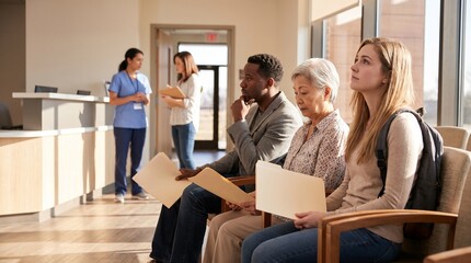 Fototapeta premium Thoughtful Patients Await Research Enrollment In Modern Outpatient Lobby