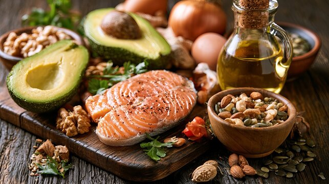 Healthy fats and omega 3s in food. Eating well concept.