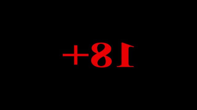 3 d red 18+ age restriction warning symbol rotating on black background, eighteen plus parental control