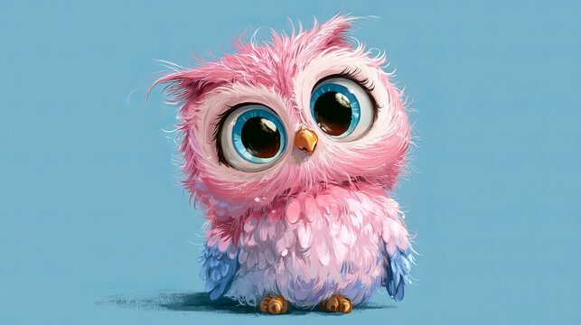 Fluffy cartoon owl, drawn for kids, sits on a poster or card, looking sweet.