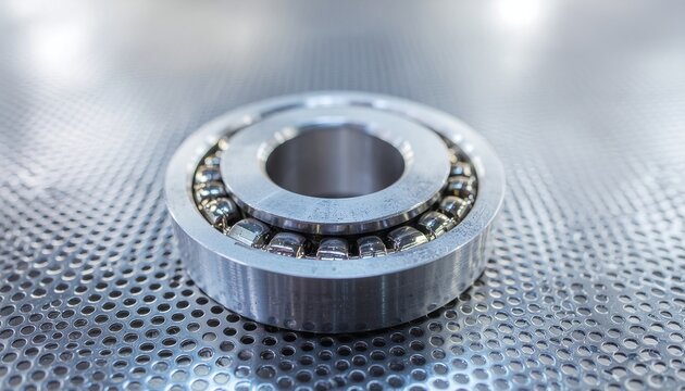 Close-up of a precision ball bearing on a metallic surface
