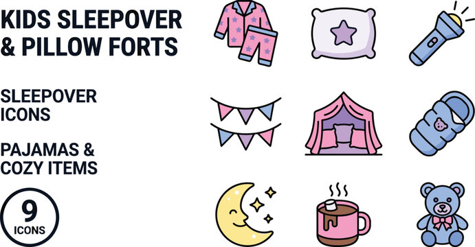 Sleepover Icons Pajamas and Cozy Items Including Tent Pillow and Flashlight
