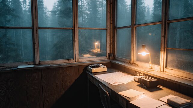 Moody Firewatch Lookout Tower Interior With Vintage Radio, Warm Lamp Light, And Misty Night Forest Windows
