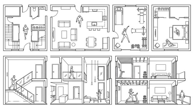 Architectural floor plan and cross section drawings of a modern residential building with gym, living spaces and people