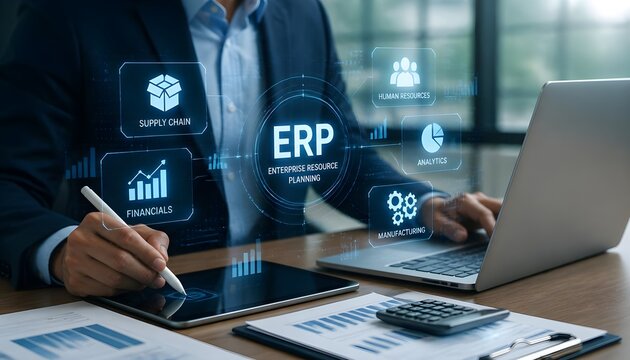 Businessman Using Laptop and Tablet to Manage ERP System Integration with Supply Chain and Financial Analytics Hologram