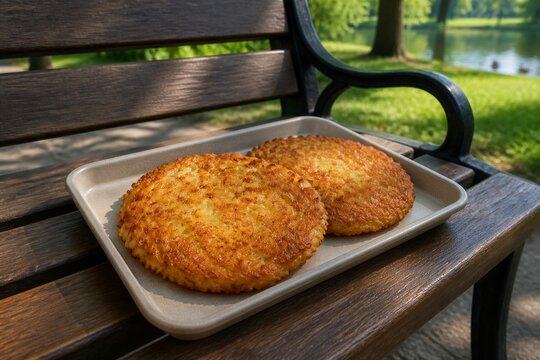 Large fried potato cakes resting on tray on park bench