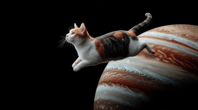 A calico cat gracefully leaps in outer space near a colorful planet.
