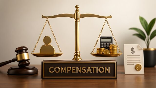 Golden scales of justice balancing an employee icon with money and calculator representing fair compensation salary and financial benefits