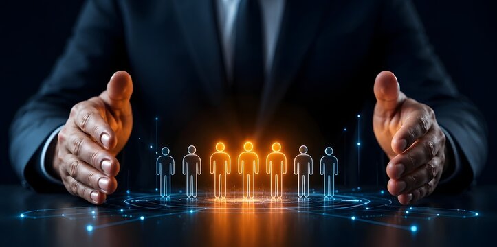 Businessman hands protecting digital glowing human figures concept for cybersecurity data privacy and virtual team management
