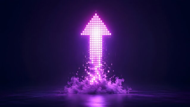 Glowing digital pixel arrow taking off from clouds representing technological growth and exponential data increase