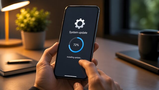Hands holding smartphone displaying system update installation progress screen in dark cozy workspace