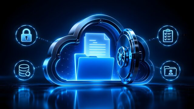 Secure cloud storage concept with glowing neon cloud and vault door protecting digital documents and folders