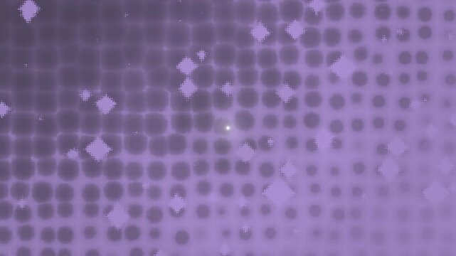 Moody grungy animation with scattered pixelated  diamond and circle shapes in purple tones with a semi symmetrical layout and vintage flicker