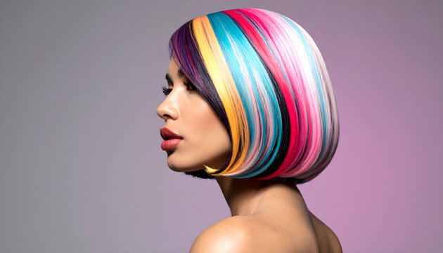 Woman with colorful bob hairstyle showing creativity