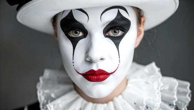 Woman with mime makeup performing a theatrical role