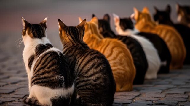 Many adorable domestic cats sitting together in a long line on a cobblestone street looking into the distance during a beautiful sunset in the quiet evening light.