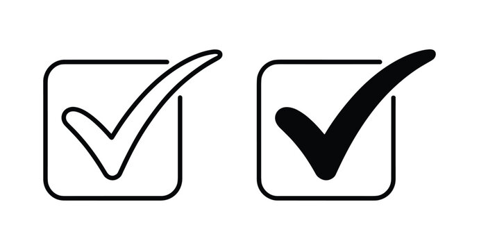 Checkmark Icons: Two distinct checkmark icons, one outlined and one filled black, are presented in clean squares, symbolizing confirmation and completion.