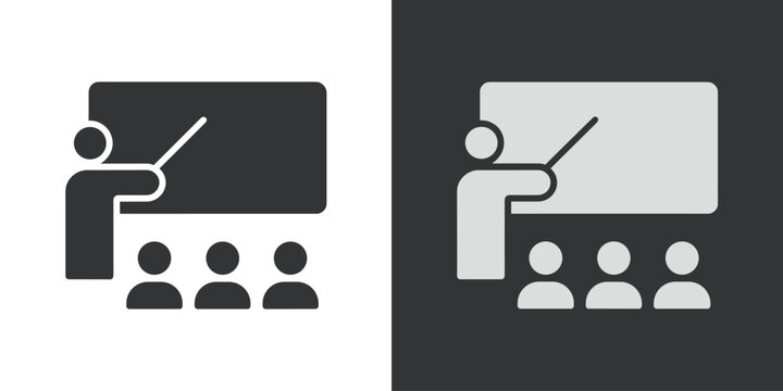 Teacher and Students Icon: A graphic representation of a teacher presenting to a group of students in a classroom setting, symbolizing education and learning.