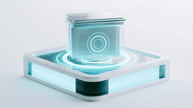 Transparent stacked cards in a white background form the interface for a futuristic AI copilot with smart interaction