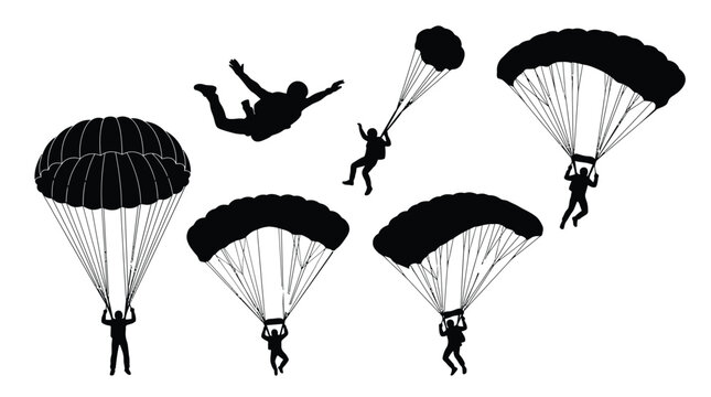 Skydivers and parachutists performing daring aerial stunts depicted as black silhouettes on a clean white background