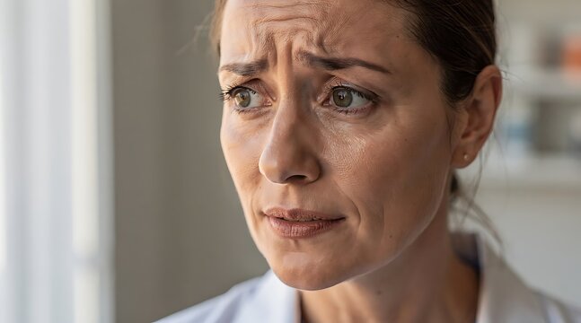 Close-up of a worried woman's face with furrowed brow and anxious expression.