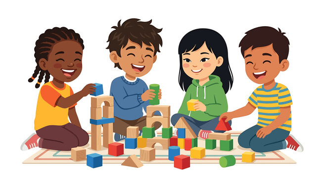 Joyful Childhood Play: Diverse children happily building with colorful blocks, creating a world of imagination and shared fun on a playful mat.