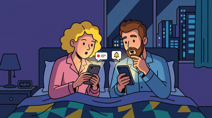 Obraz premium Couple checking separate smartphones with notification icons late at night in bed flat style illustration