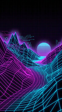 Retro synthwave landscape with digital mountains and glowing neon sun at night