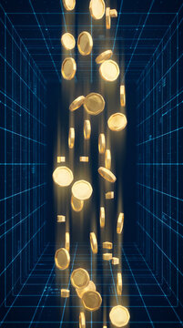 Golden coins falling down in a dark digital tunnel with glowing blue grid lines