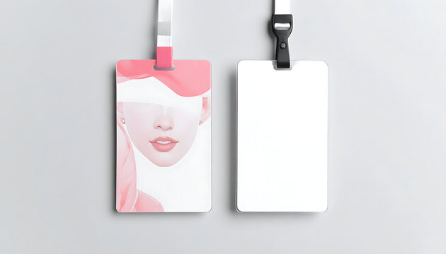 Blank identification card and customized name tag with pink abstract overlay, corporate event access, company security