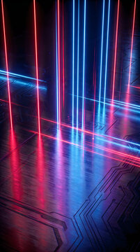 Bright red and blue neon light beams glowing on a dark black background