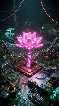 Glowing pink lotus flower growing from a dark computer circuit board processor
