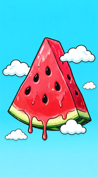 A juicy slice of red watermelon floating in the blue sky with fluffy clouds