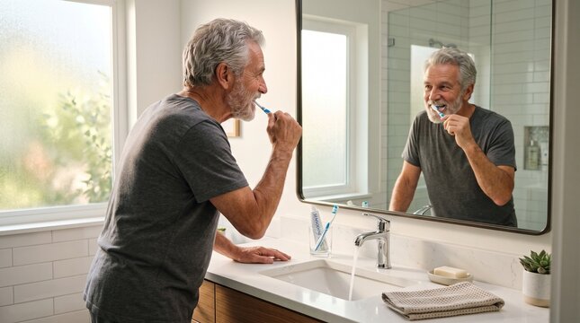 Senior man brushing his teeth in a bright bathroom as part of a healthy daily routine.